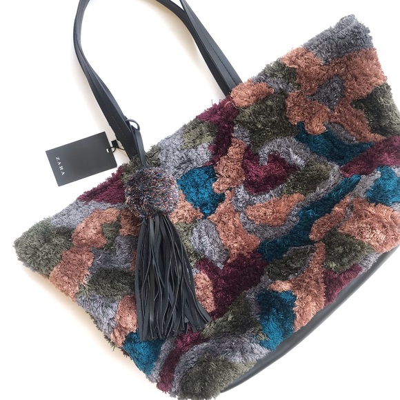NWT Zara hand made fuzzy colorful tote - Picture 5 of 7